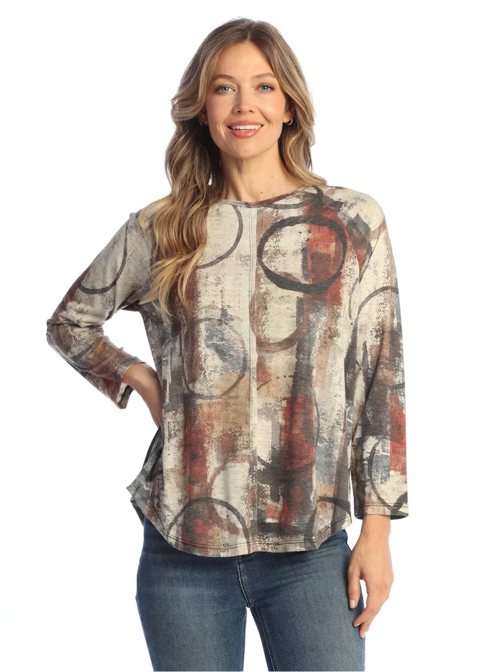 Jess & Jane Edition Front Seam Top Women’s Size L Abstract Art to Wear Stretch